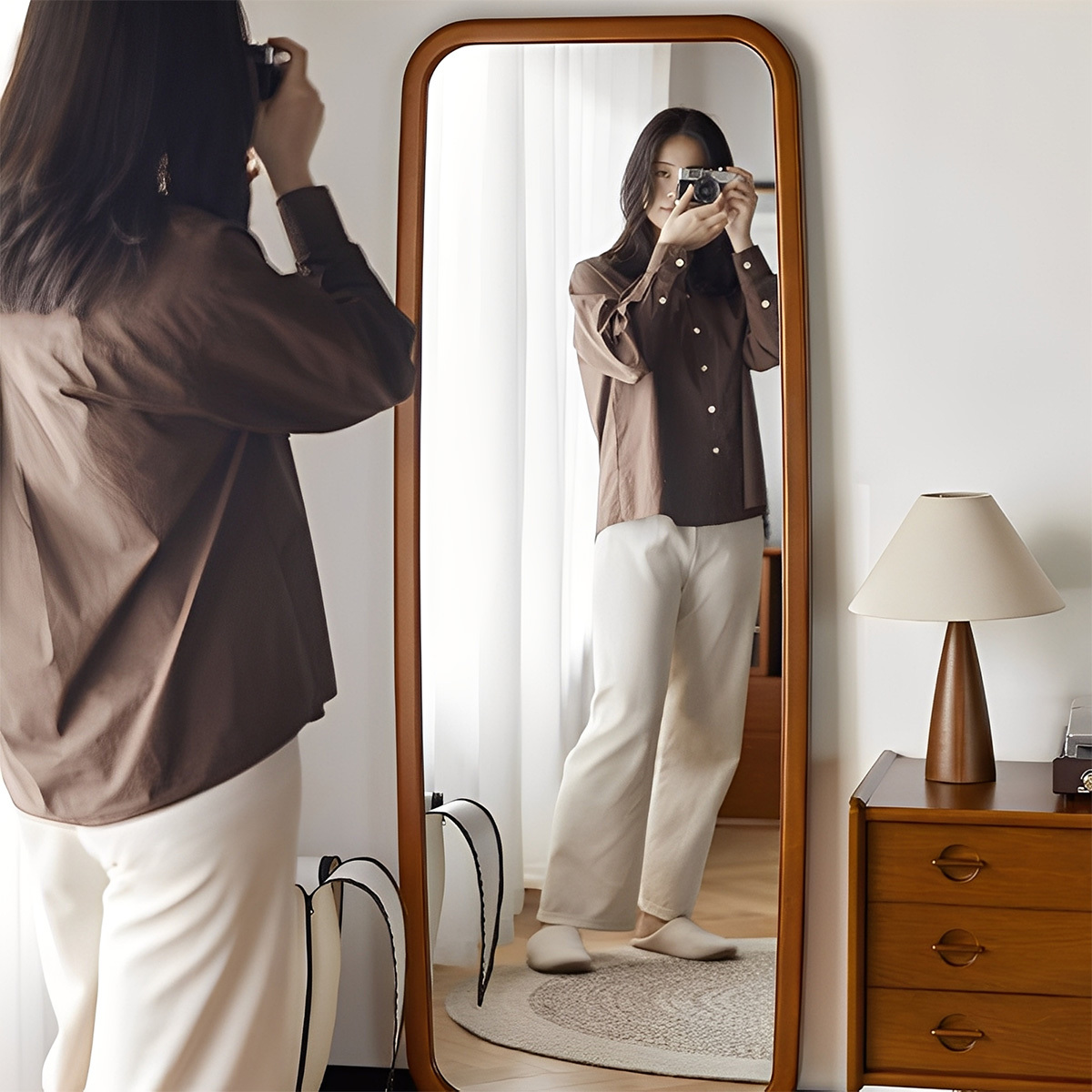 ツゲ材 天然木スタンドミラー