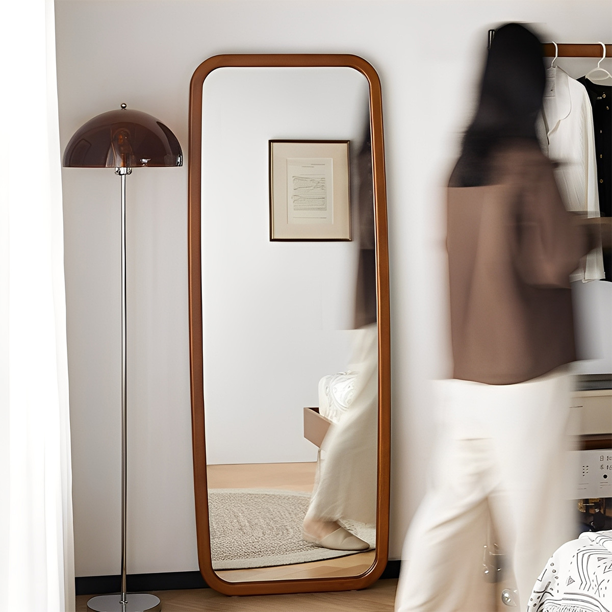 ツゲ材 天然木スタンドミラー