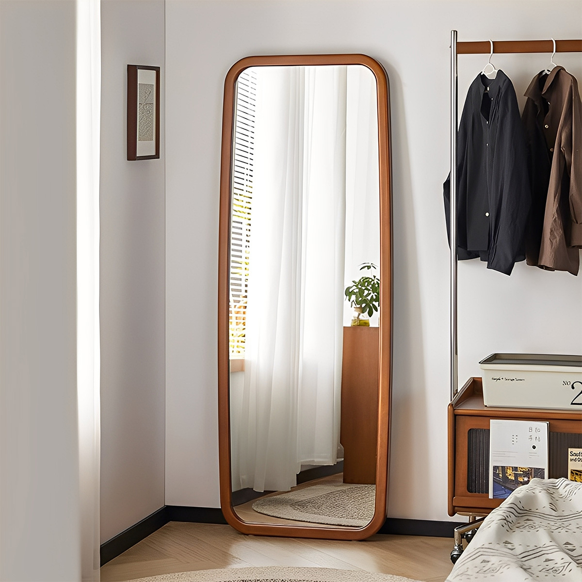 ツゲ材 天然木スタンドミラー