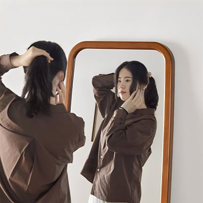 ツゲ材 天然木スタンドミラー