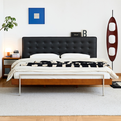 Woody Prime Boxツゲ材 布張りヘッドボード付き天然木ベッド