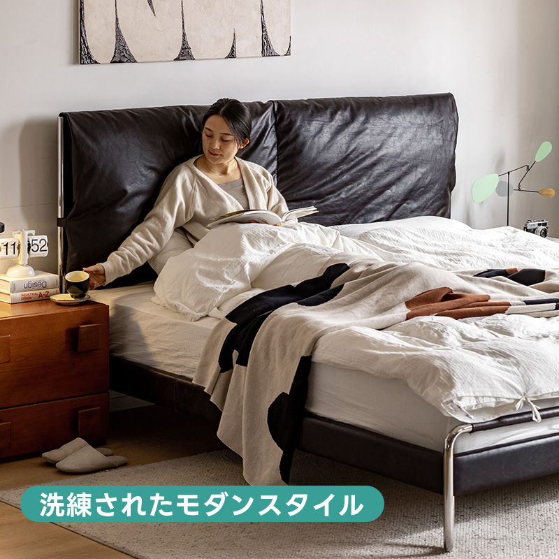 Woody Prime Boxワックスレザークッション付きベッド