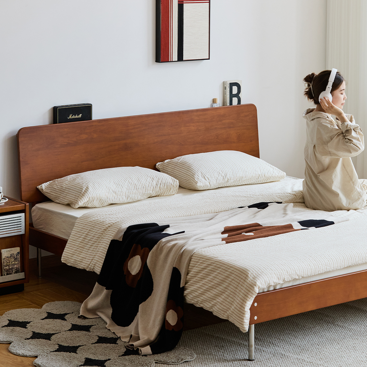 Woody Prime Boxツゲ材 シンプルレトロ木製ベッド