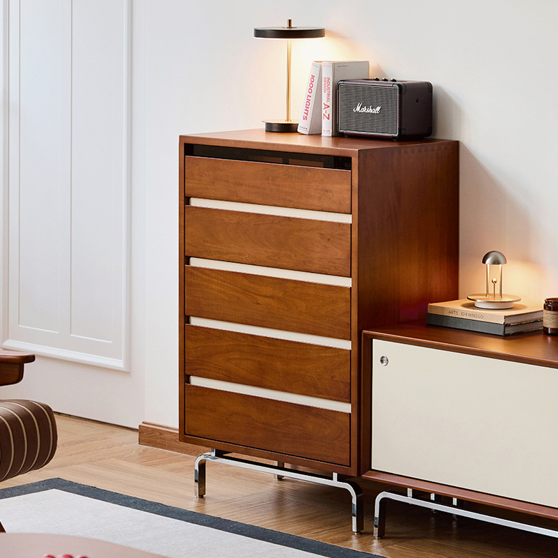 Woody Prime Boxツゲ材 レトロデザイン5段チェスト