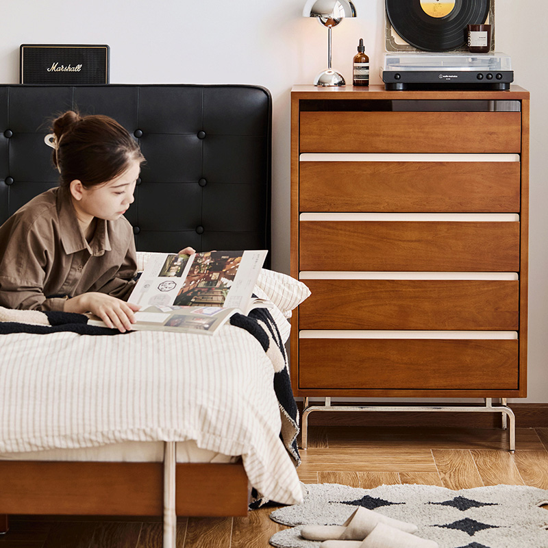 Woody Prime Boxツゲ材 レトロデザイン5段チェスト