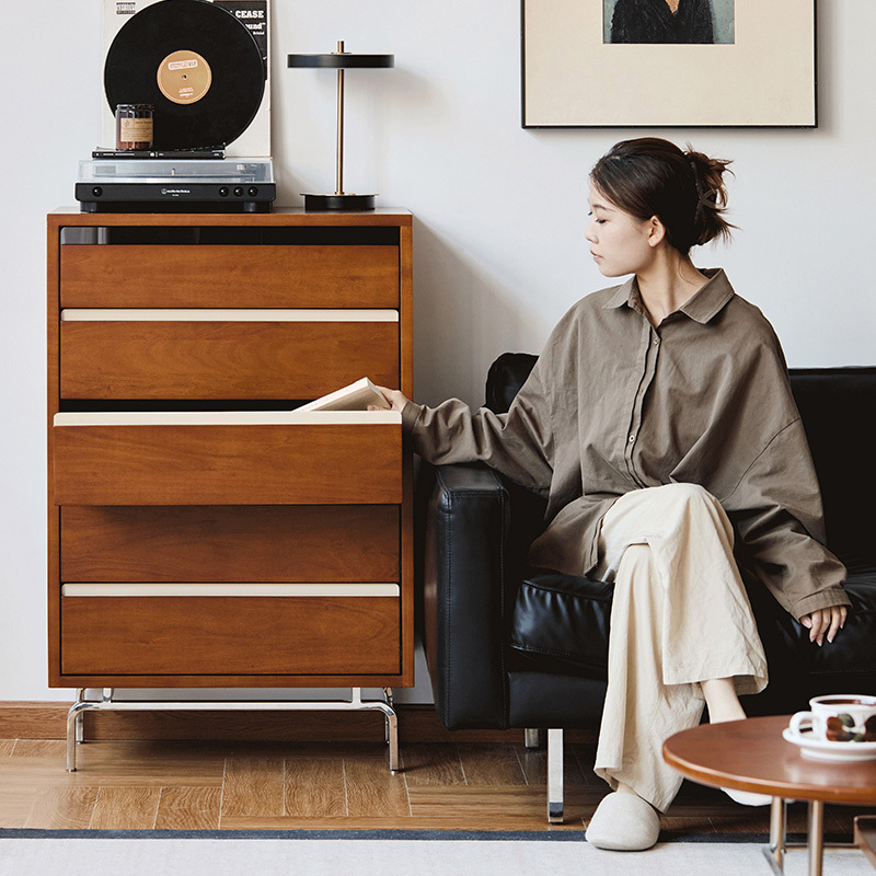 Woody Prime Boxツゲ材 レトロデザイン5段チェスト