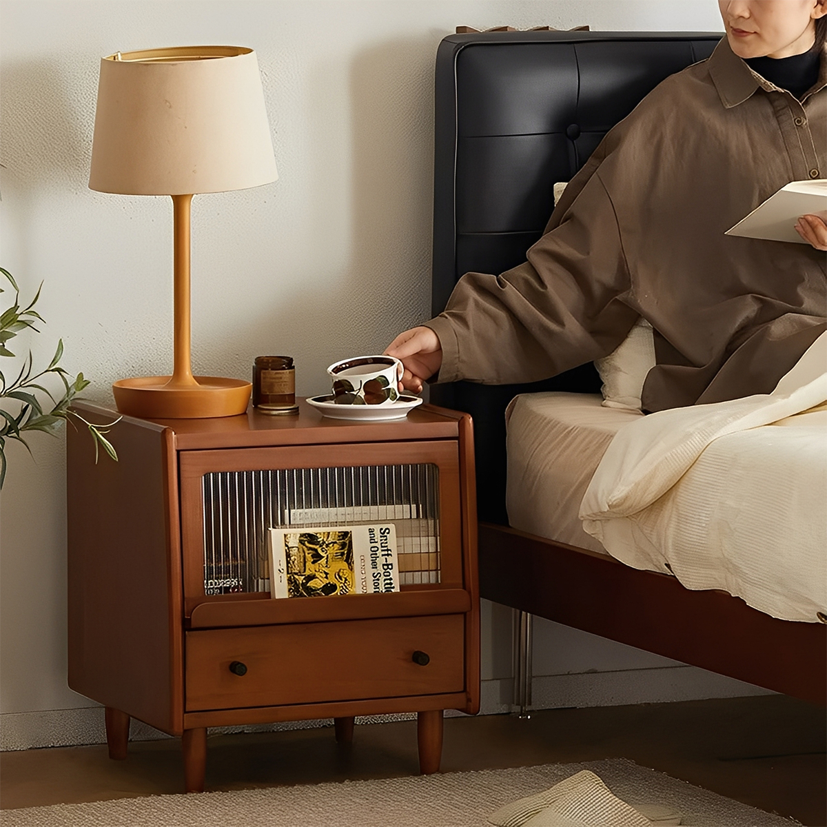 Woody Prime Boxツゲ材 リブガラスベッドサイドキャビネット