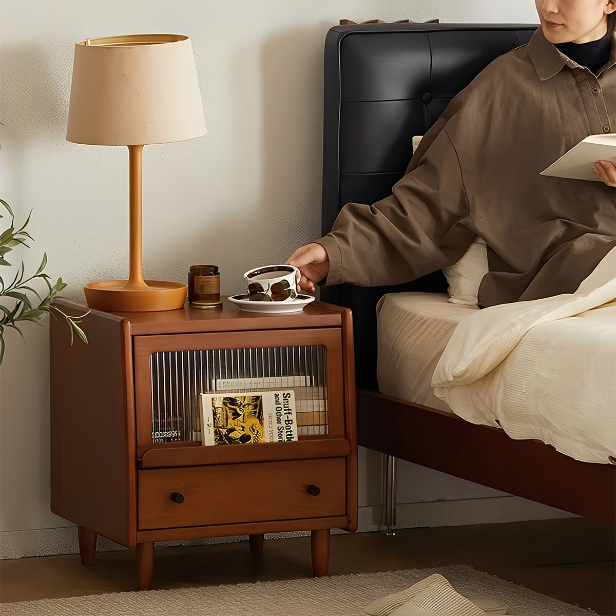 Woody Prime Boxツゲ材 リブガラスベッドサイドキャビネット