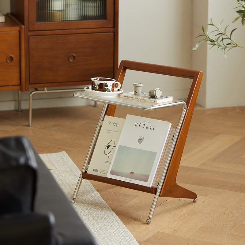 Woody Prime Boxツゲ材 Z字型ガラスサイドテーブル | 北米産ツゲ材使用