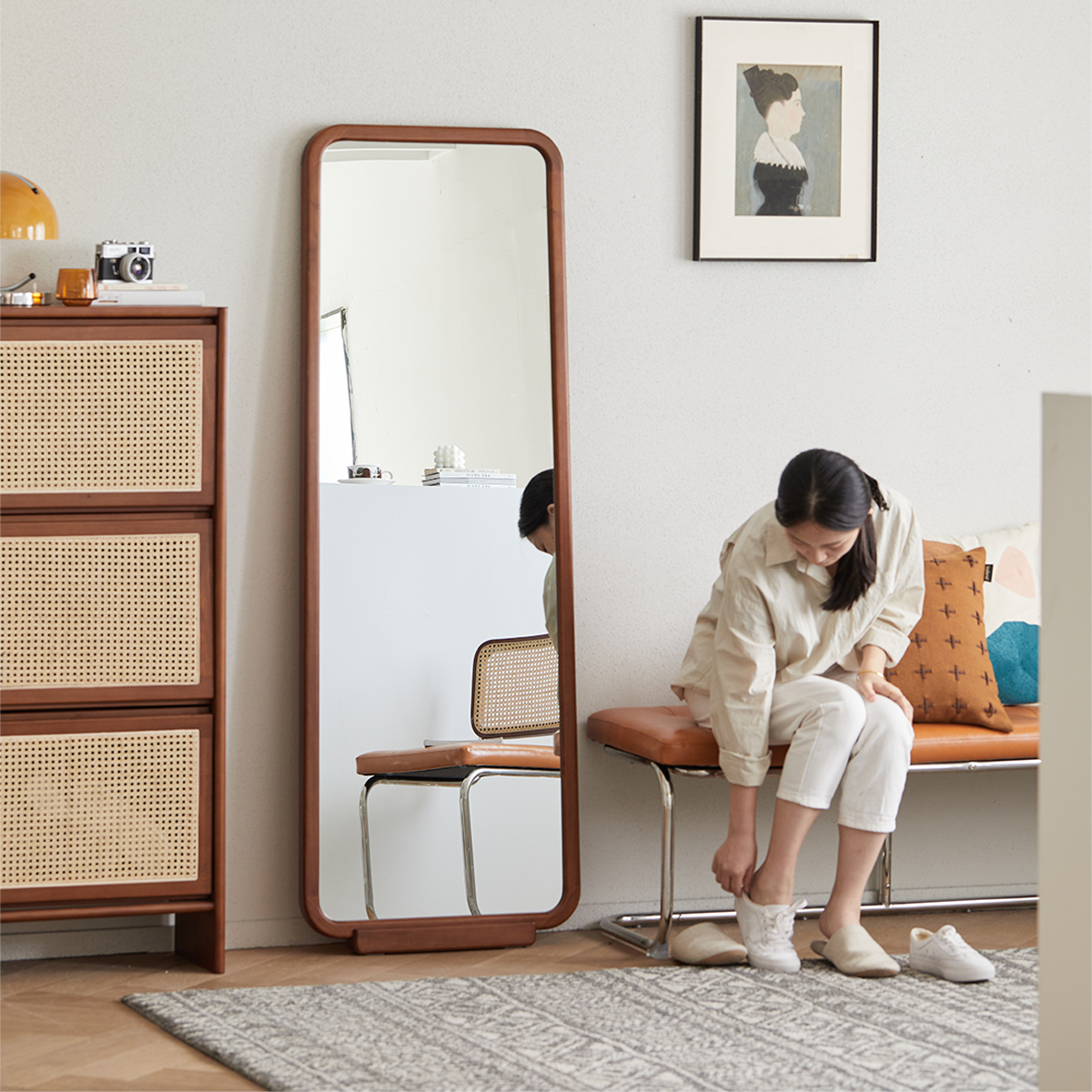 ラタン製スタンドミラー 高さ142cm【匿名配送】 Woody Prime Boxツゲ材 木製レトロスタンドミラー | 安全性と