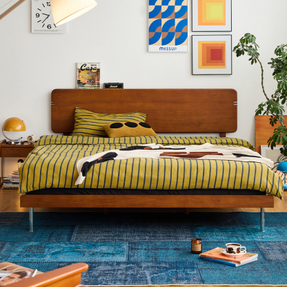 Woody Prime Box天然木金属脚ヴィンテージ風ベッド