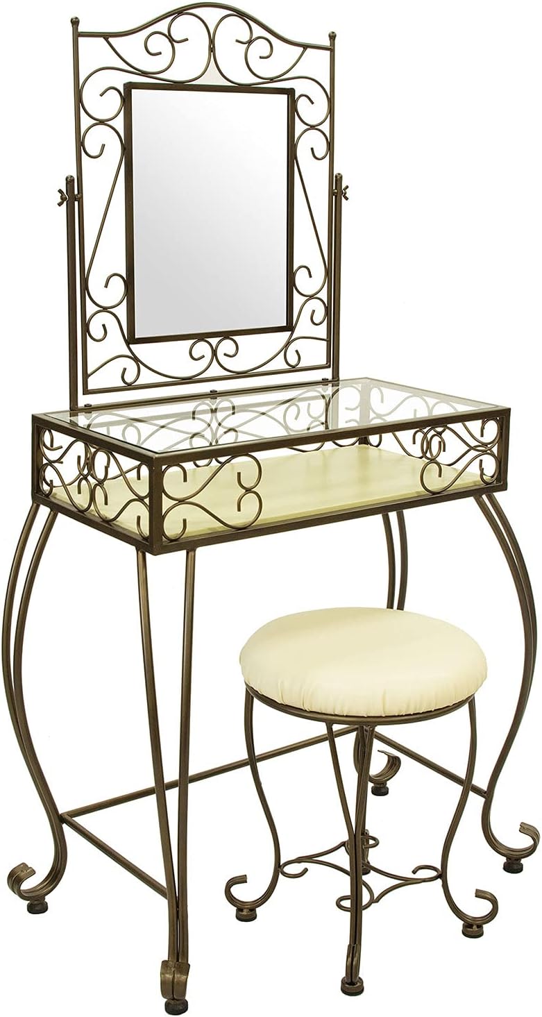 スツール付きロートアイアンデザインドレッサー | 優雅な曲線と高級感