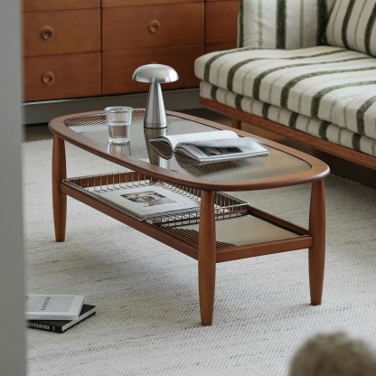 ツゲ材 楕円形のガラスティーテーブル | ヴィンテージ感漂うエレガント