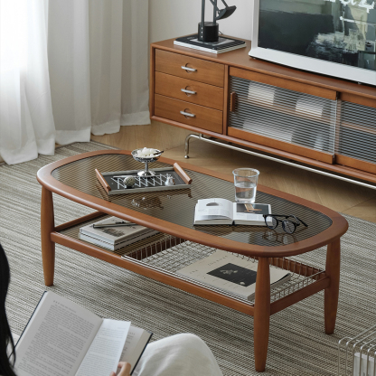 コーヒーテーブル 楕円形 ガラスと木製 ツゲ材 楕円形のガラスティーテーブル | ヴィンテージ感漂うエレガント