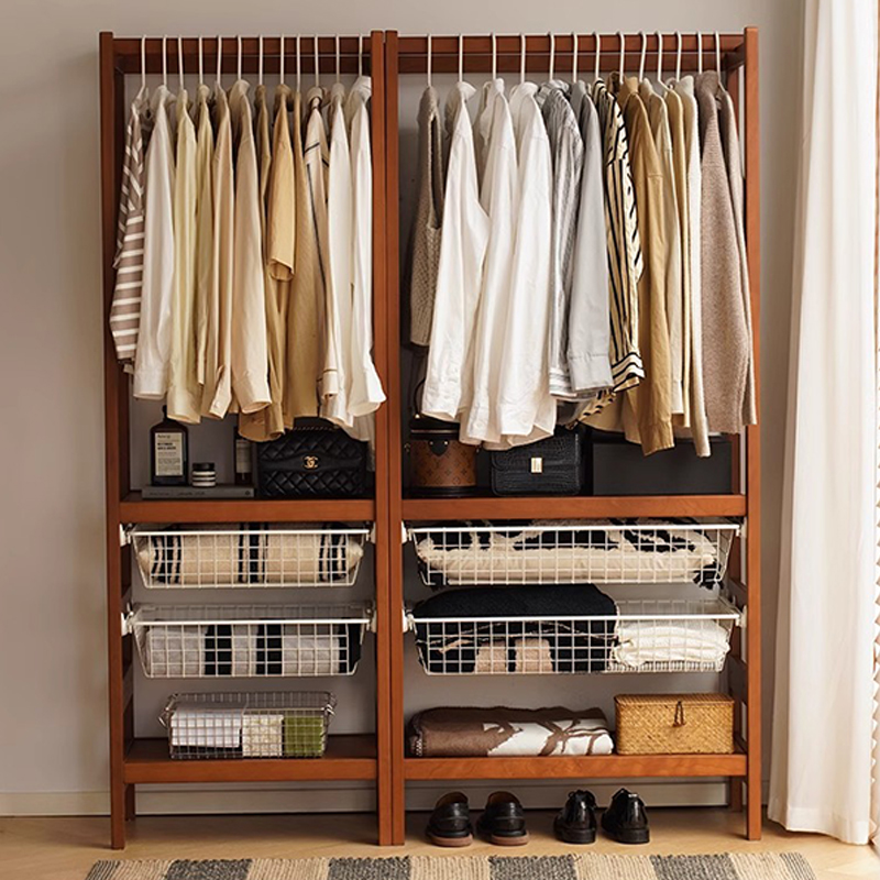 ツゲ材 天然木収納付きハンガーラック