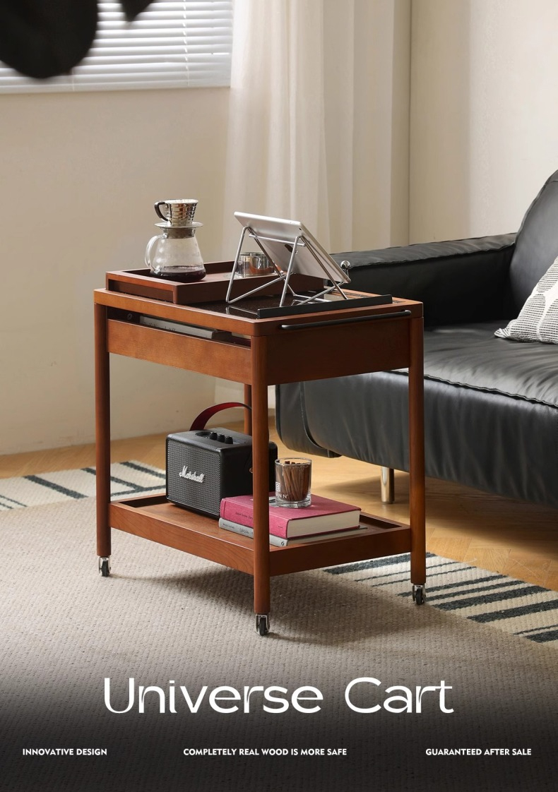 ツゲ材 トレイ付き移動式ワゴン | 実用性と高級感を両立させた