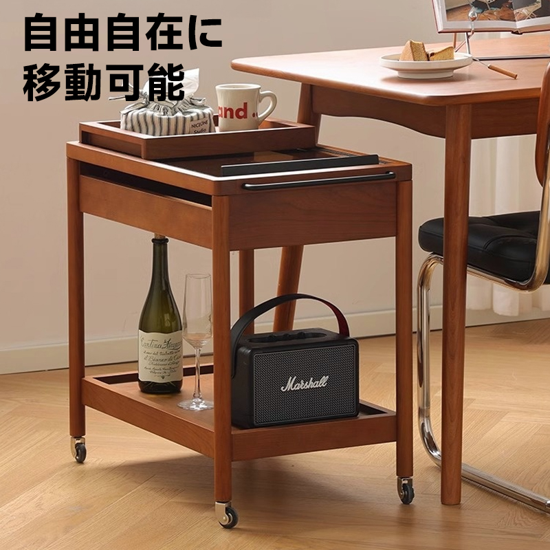 ツゲ材 トレイ付き移動式ワゴン