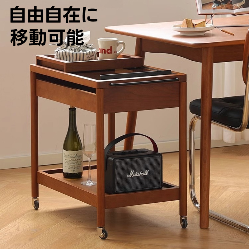 ツゲ材 トレイ付き移動式ワゴン