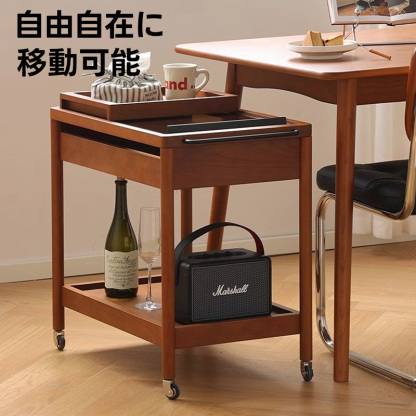 ツゲ材 トレイ付き移動式ワゴン