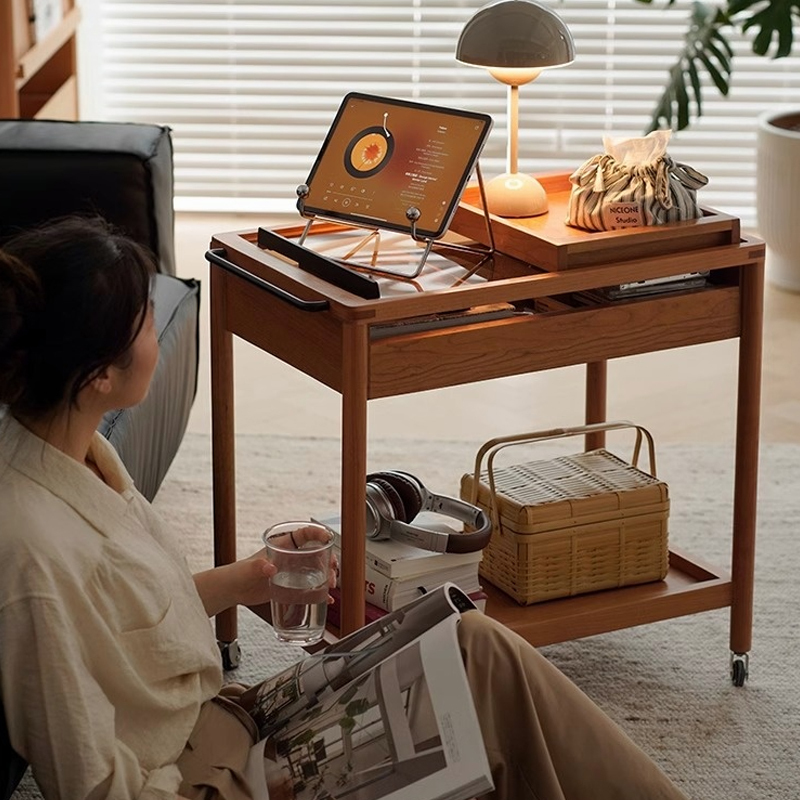 ツゲ材 トレイ付き移動式ワゴン