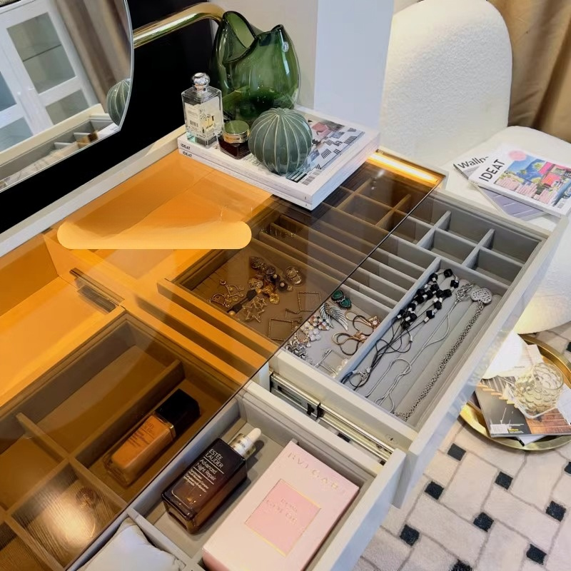 ガラス天板モダンドレッサーチェアセット