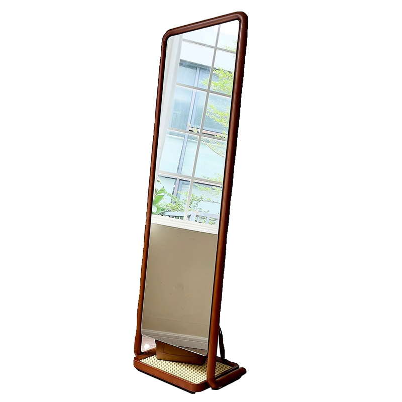 【OUTLET品】ラタン収納付きツゲ材スタンドミラー