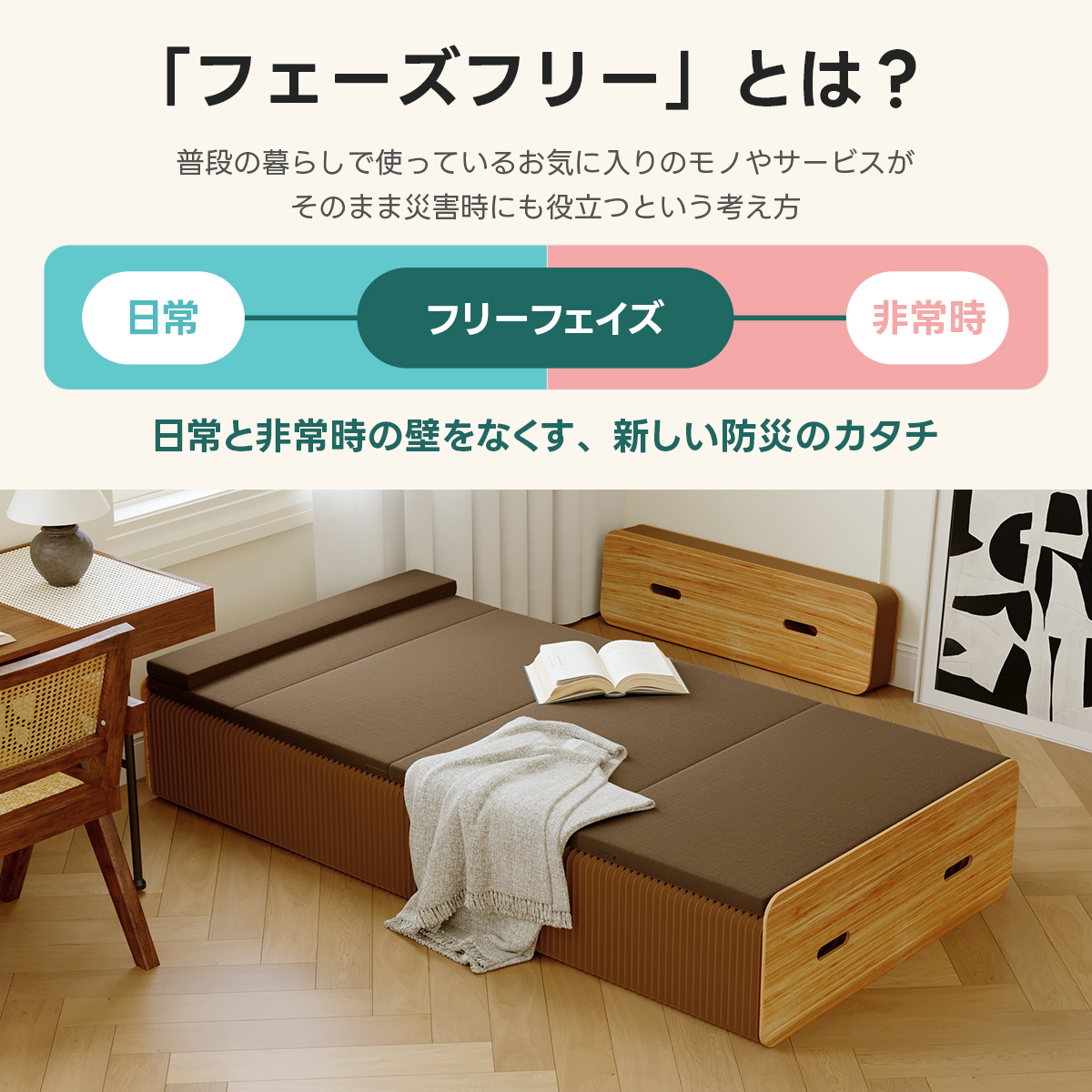 Kraft Paper ソファスツール｜自由にサイズ調整できる一体型折り畳み式×クッション付き | 省スペースで便利に使えるエコデザインスツール「フェーズフリー」とは？普段の暮らしで使っているお気に入りのモノやサービスがそのまま災害時にも役立つという考え方日常フリーフェイズ非常時日常と非常時の壁をなくす、新しい防災のカタチ