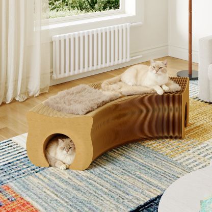 眠り猫さん・ベージュとアイボリー・装飾が素敵なラウンドスツール Kraft Paper ロングキャットスツール｜ペットと一緒に使える折り畳み式