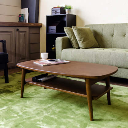 ナチュラル木製棚付き折れ脚ローテーブル | 折りたたみ機能と棚収納を