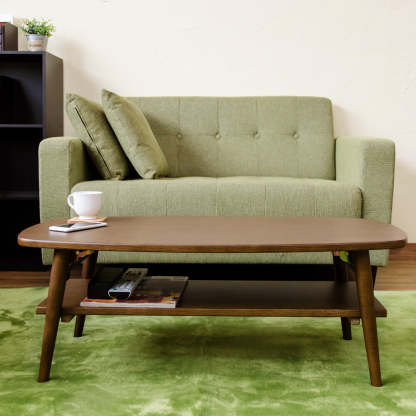 ナチュラル木製棚付き折れ脚ローテーブル | 折りたたみ機能と棚収納を