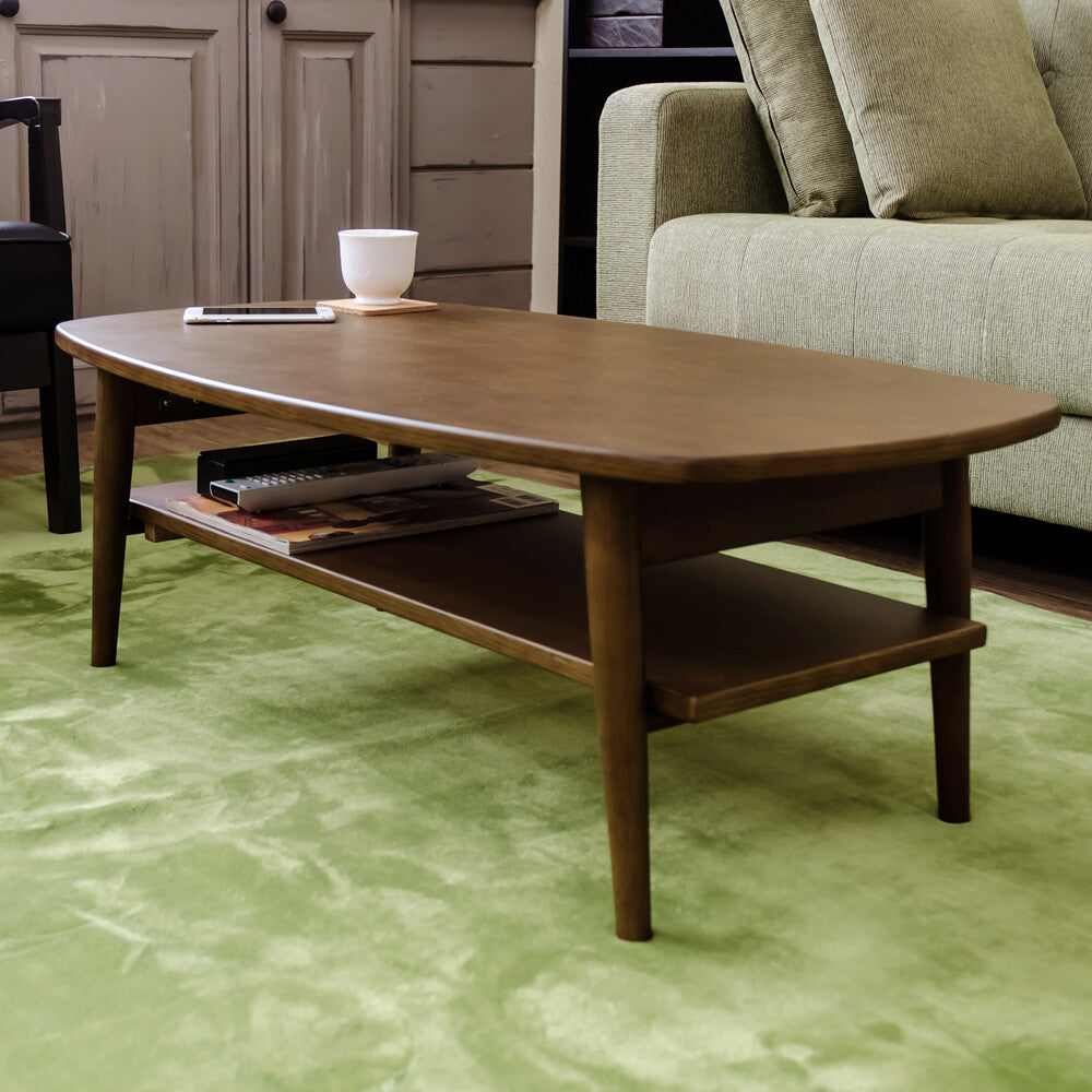 ナチュラル木製棚付き折れ脚ローテーブル | 折りたたみ機能と棚収納を