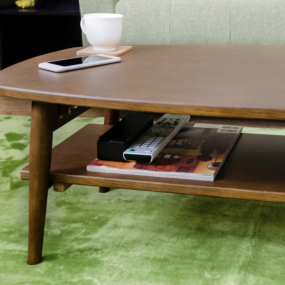 ナチュラル木製棚付き折れ脚ローテーブル | 折りたたみ機能と棚収納を