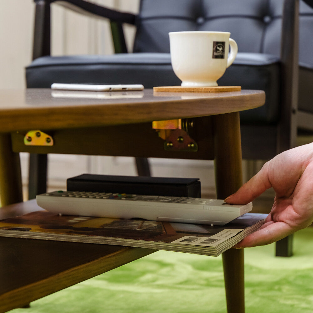 ナチュラル木製棚付き折れ脚ローテーブル | 折りたたみ機能と棚収納を
