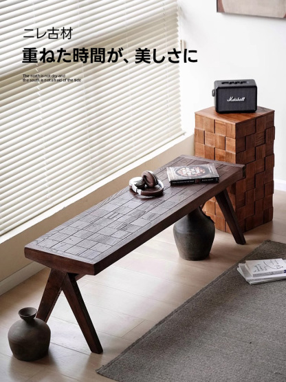 ニレ古材寄木デザインロングベンチ | 味わい深い表情と確かな作りで