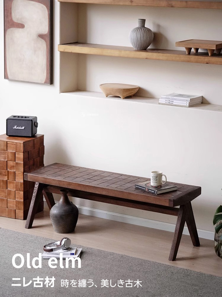 ニレ古材寄木デザインロングベンチ