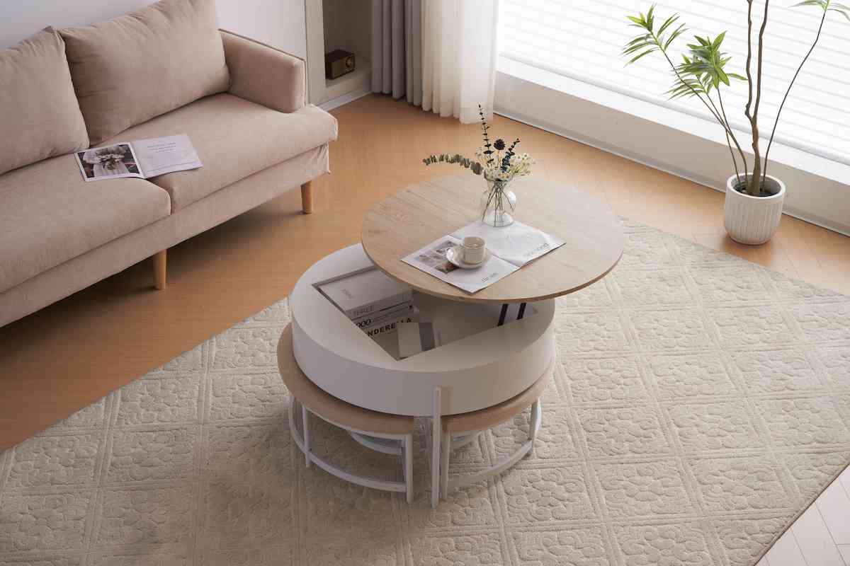 リフトアップ式円形テーブルベンチ4点セット | 収納付きで機能的な