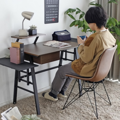 シンプルモダンスチール脚両サイド棚付きデスク