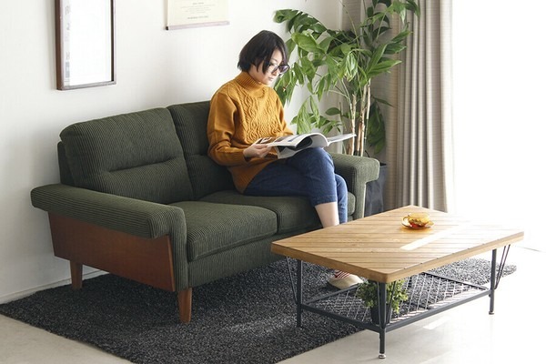 コーデュロイ調北欧風グリーンソファ
