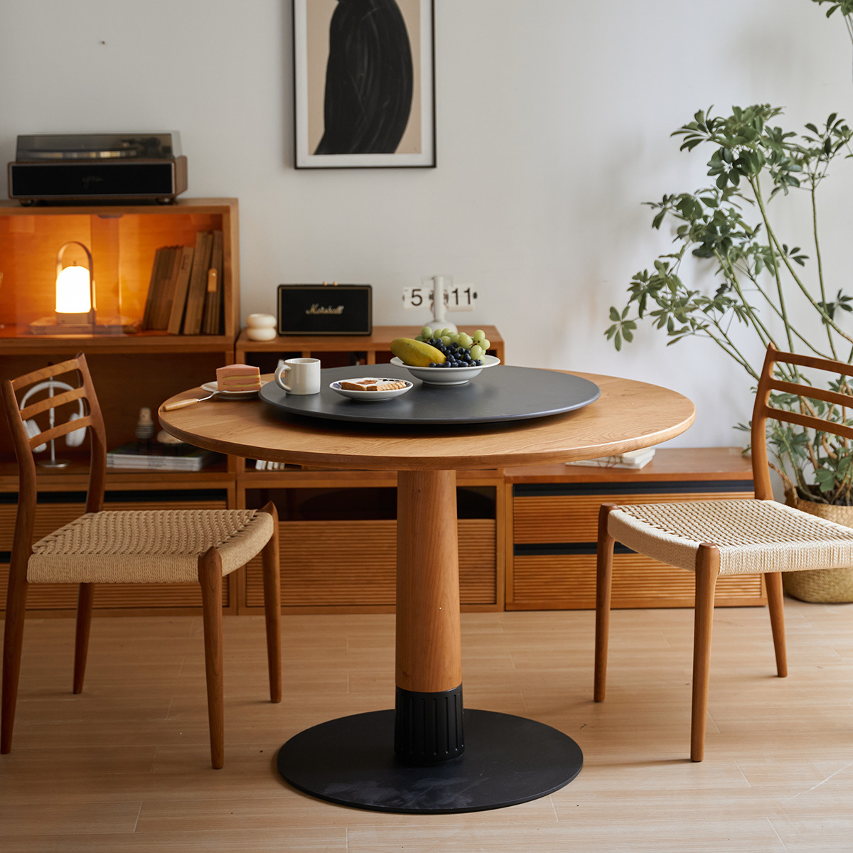 Woody Prime Cherry 回転台付きウッドラウンドダイニングテーブル