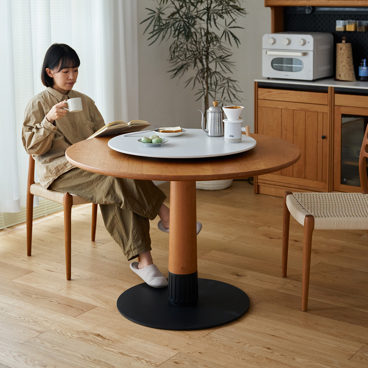 Woody Prime Cherry 回転台付きウッドラウンドダイニングテーブル