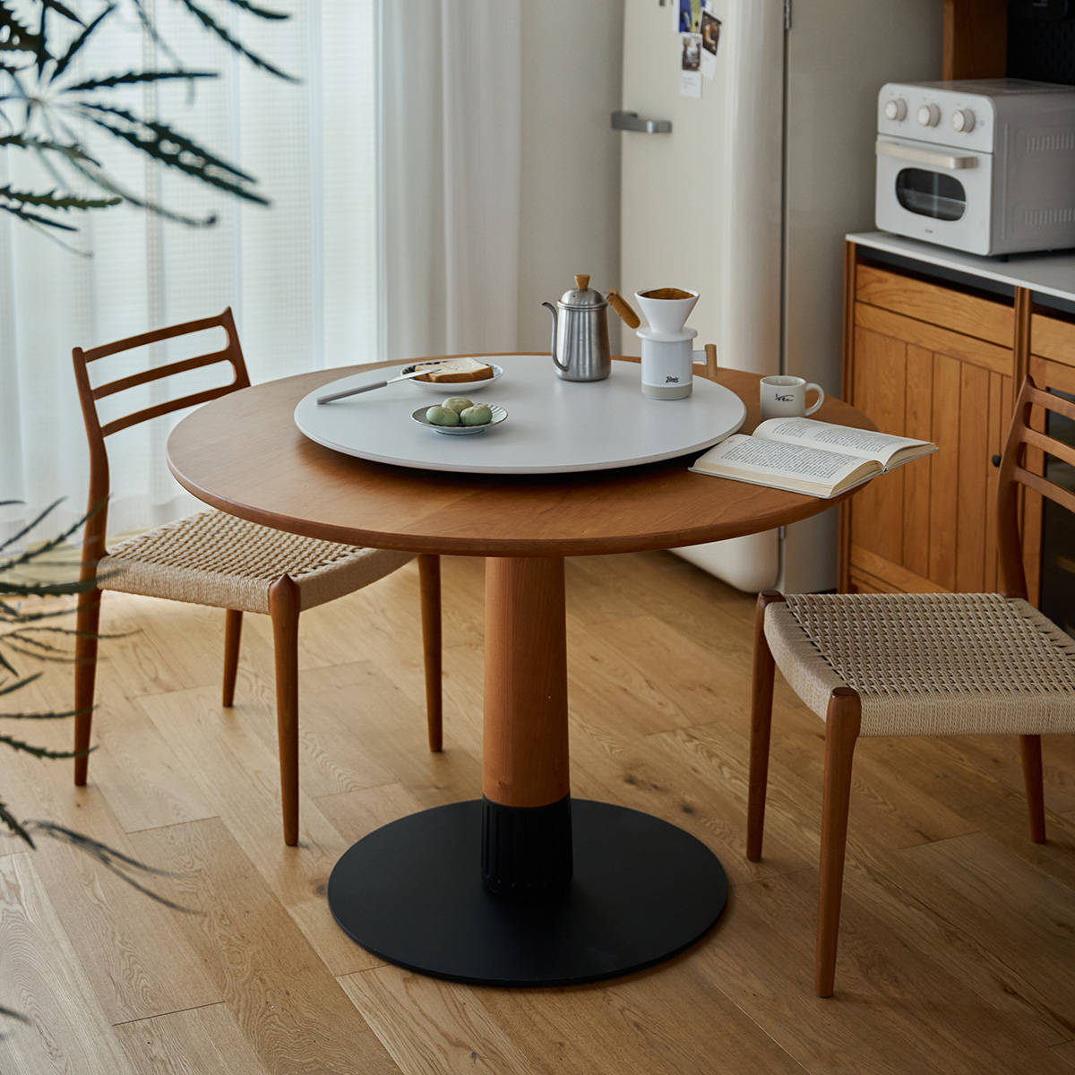 Woody Prime Cherry 回転台付きウッドラウンドダイニングテーブル