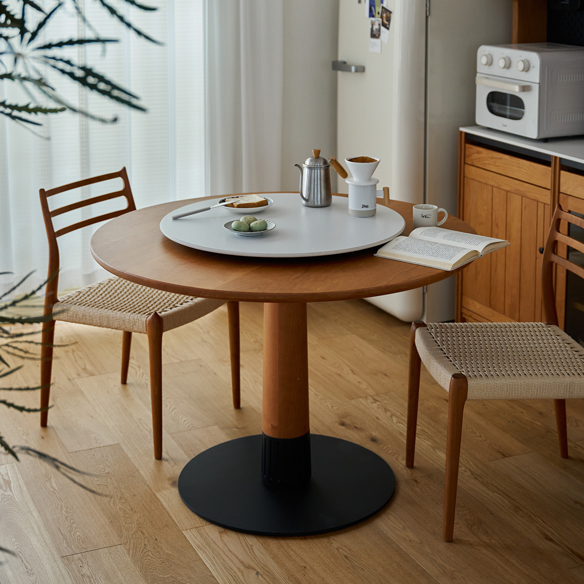 Woody Prime Cherry 回転台付きウッドラウンドダイニングテーブル