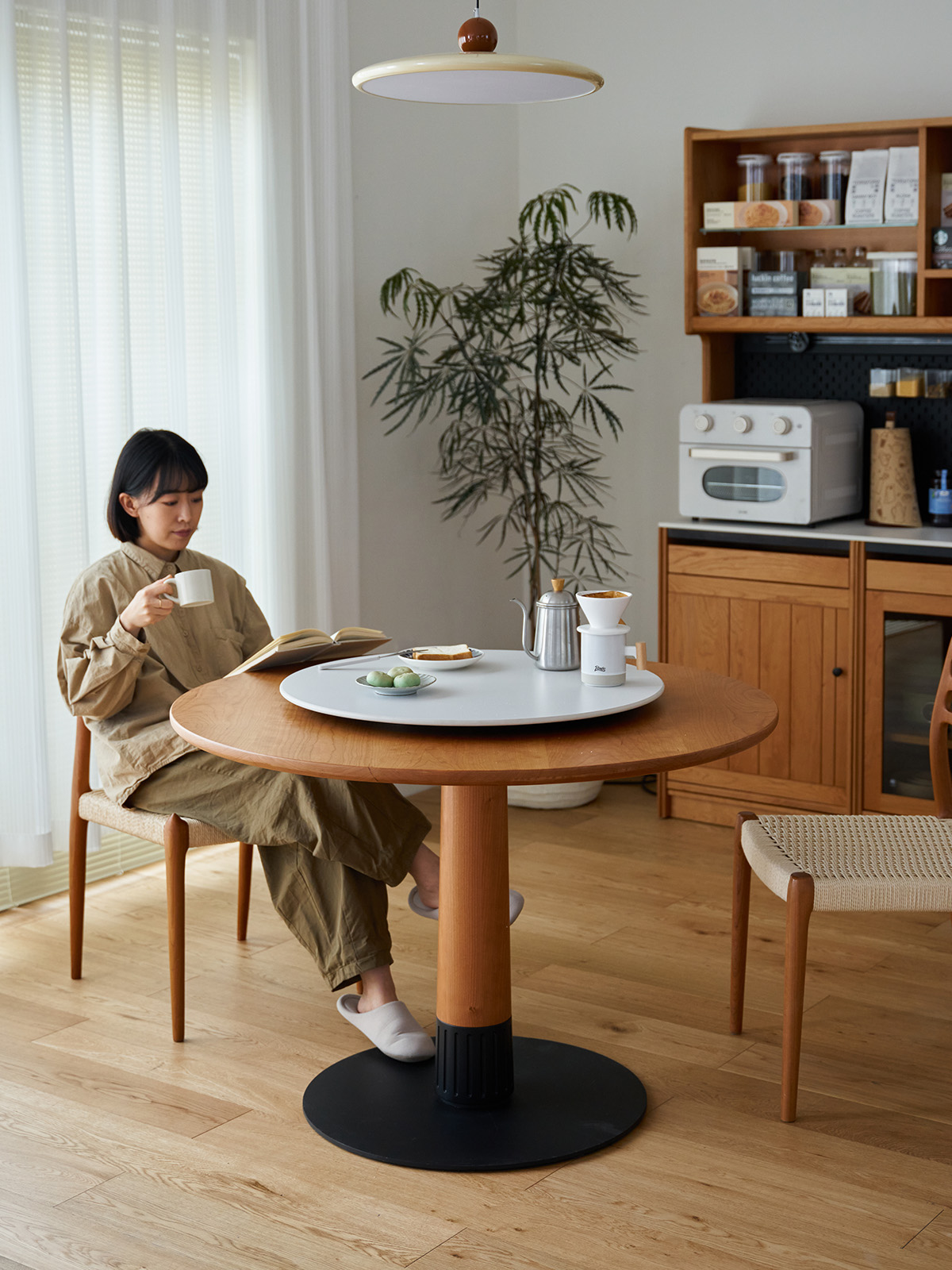 Woody Prime Cherry 回転台付きウッドラウンドダイニングテーブル