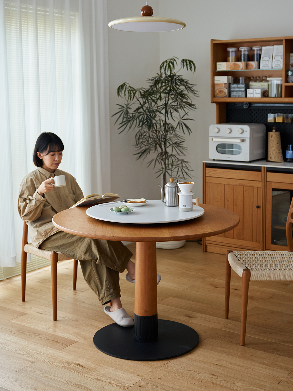 Woody Prime Cherry 回転台付きウッドラウンドダイニングテーブル