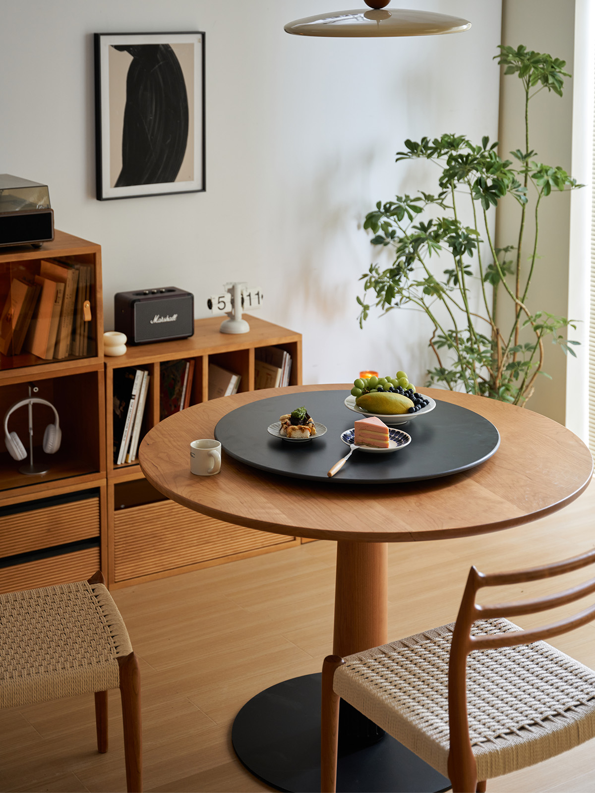 Woody Prime Cherry 回転台付きウッドラウンドダイニングテーブル