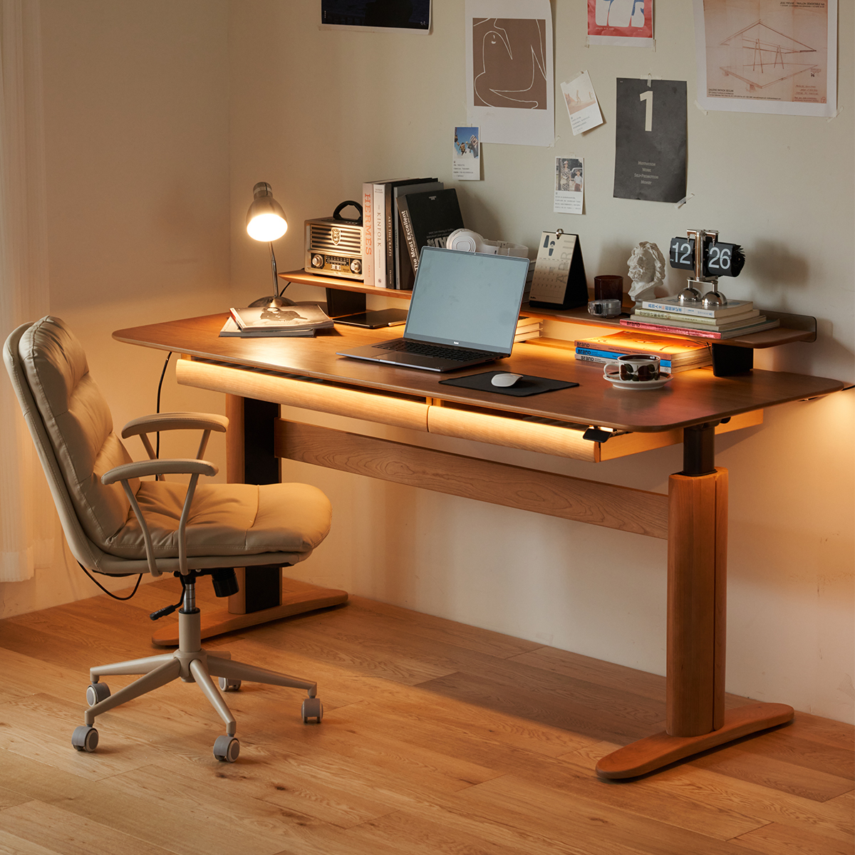 Woody Prime Cherry 電動昇降式ウッドワークデスク【組立サービス付】