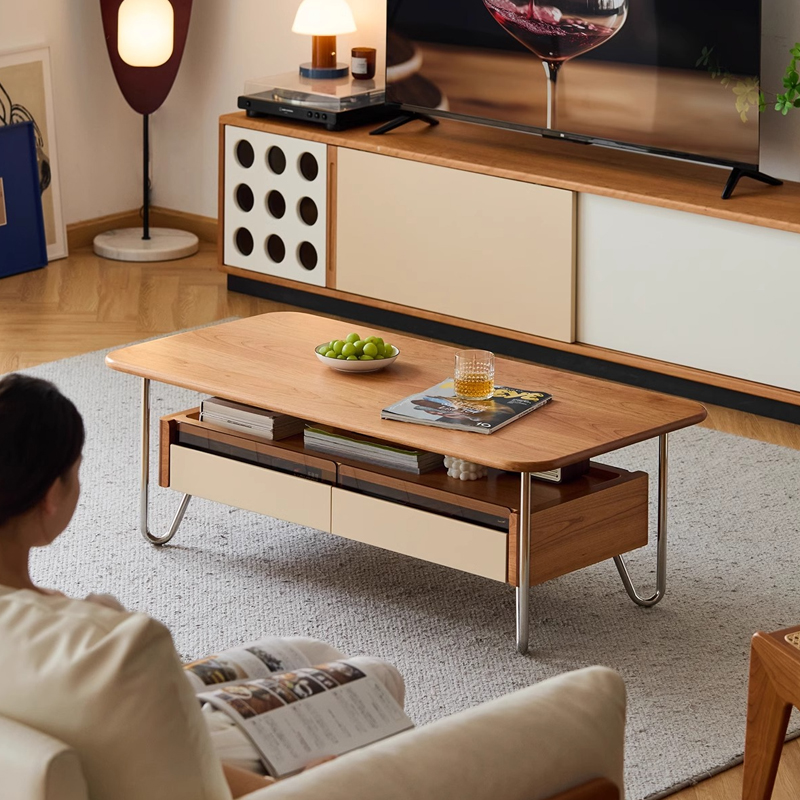 Woody Prime Cherry ガラス収納ローテーブル