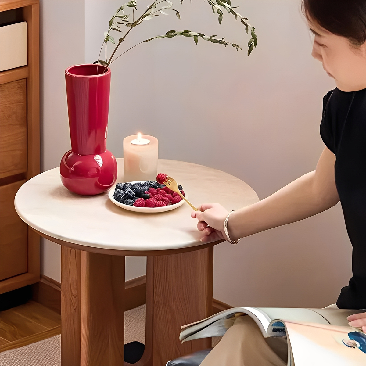 Woody Prime Cherry トラバーチン調コーヒーテープルセット