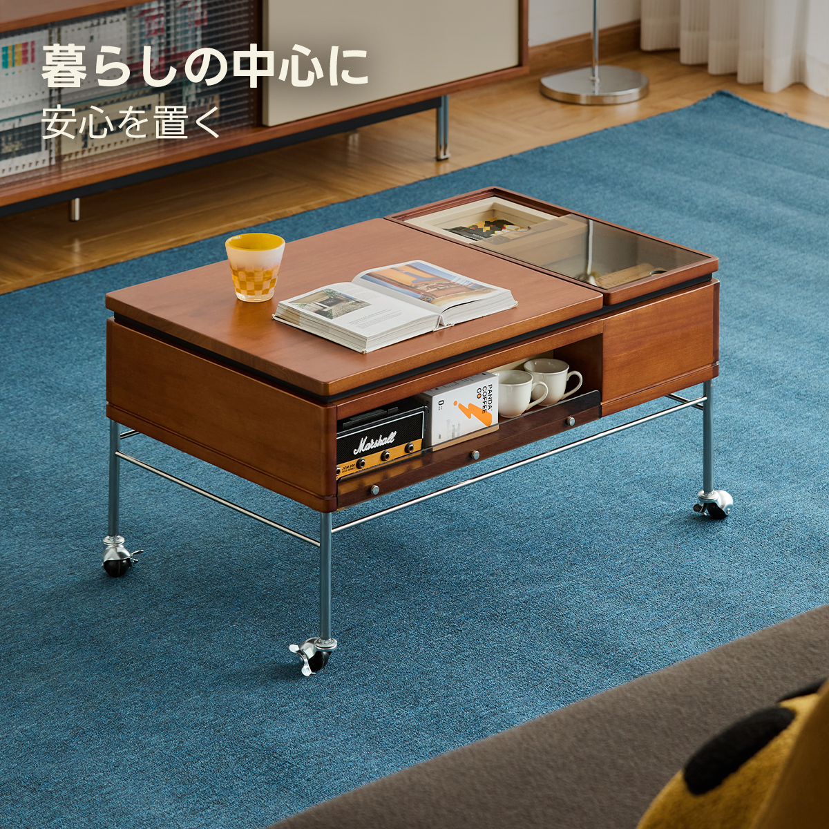 コーヒーテーブル　ハンドメイド製品 センターテーブル ディスプレイラック Woody Prime リフトアップ収納センターテーブル | 調整可能な高さと