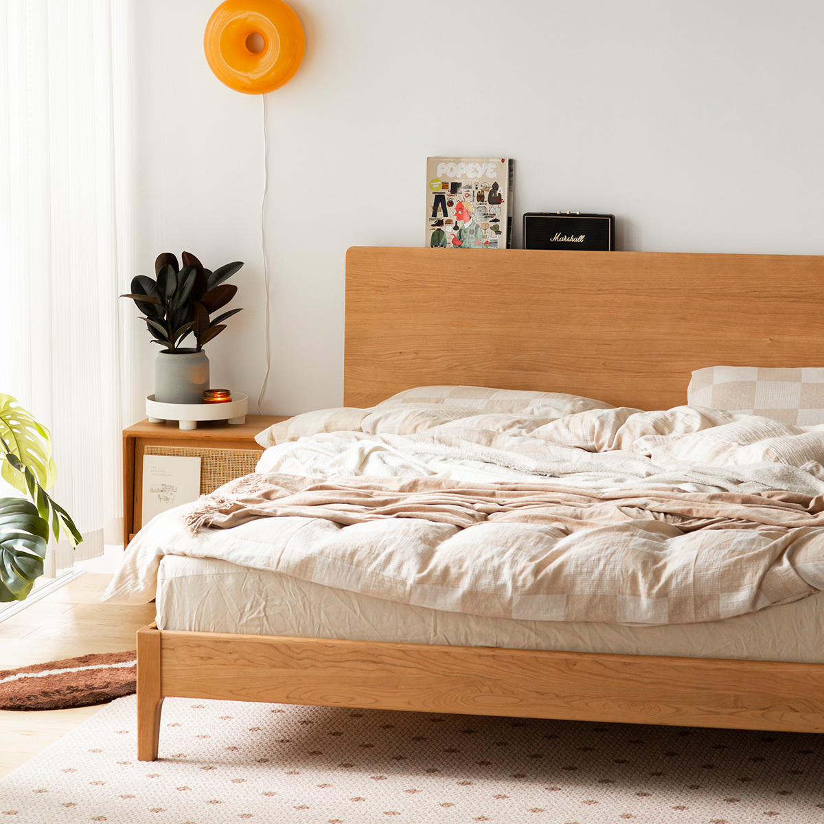 Woody Prime Cherry ナチュラルモダンハイヘッドボード木製ベッド